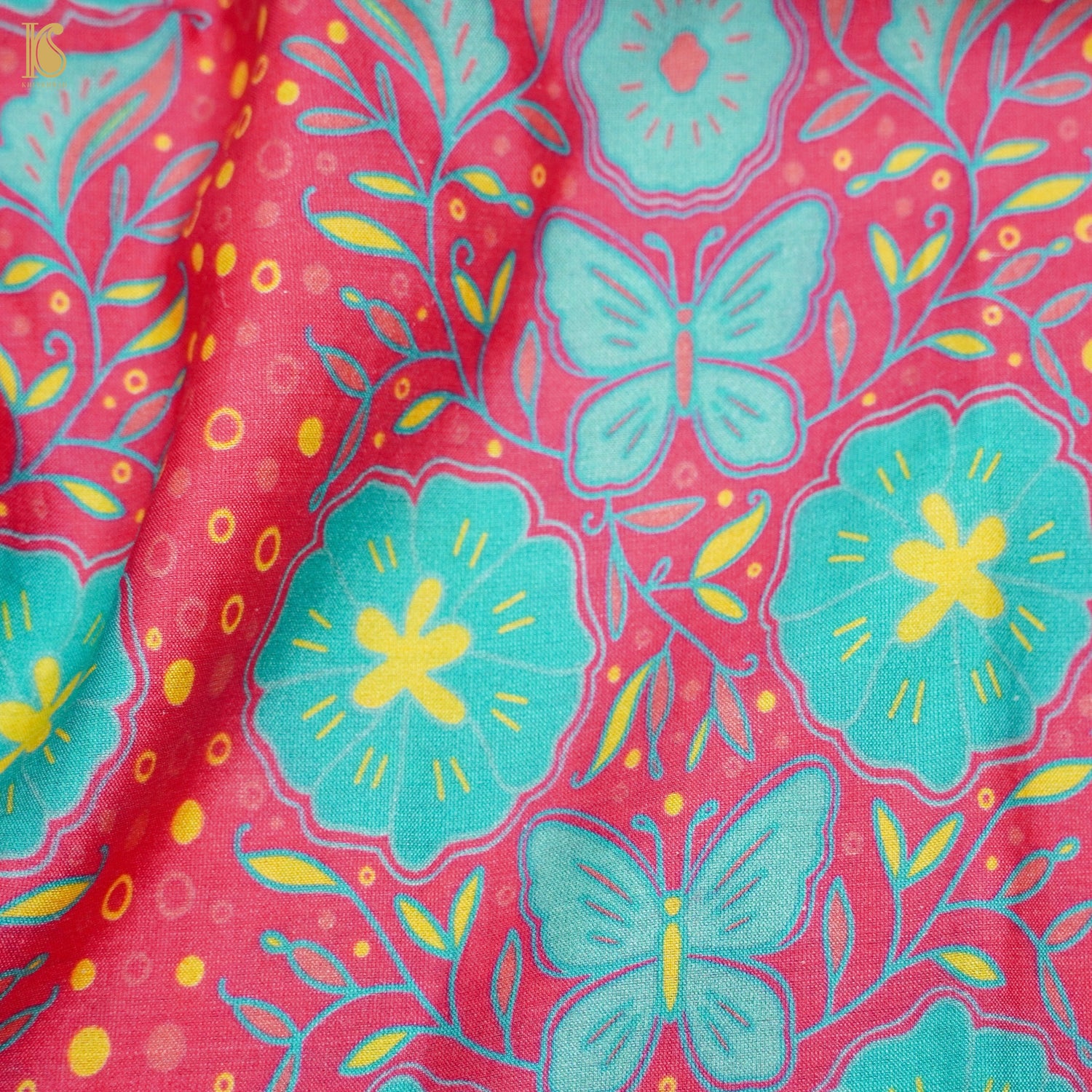 Poppy Red &amp; Teal Titli Print Chiniya Silk Fabric - Khinkhwab