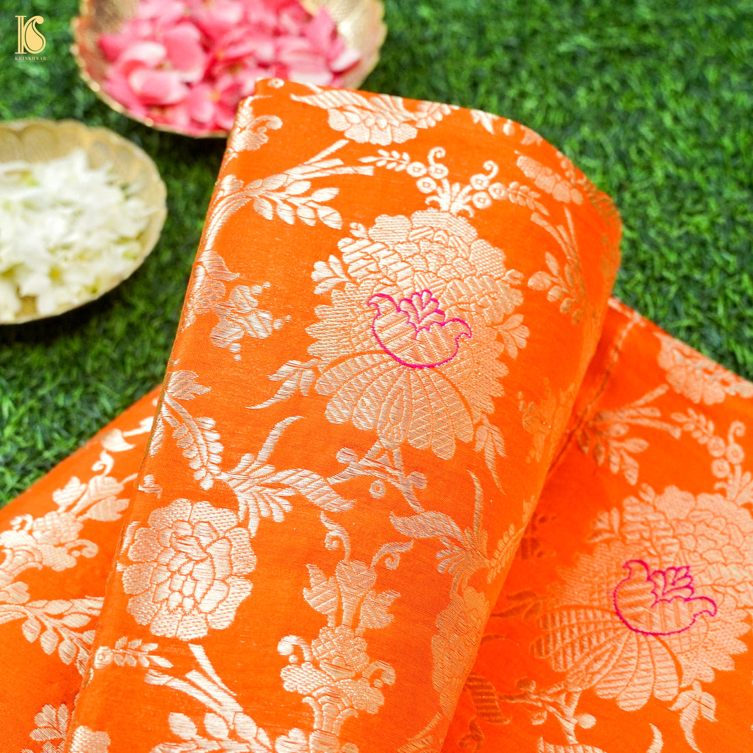 Orange Pure Brocade Banarasi Mehraab Boota Fabric