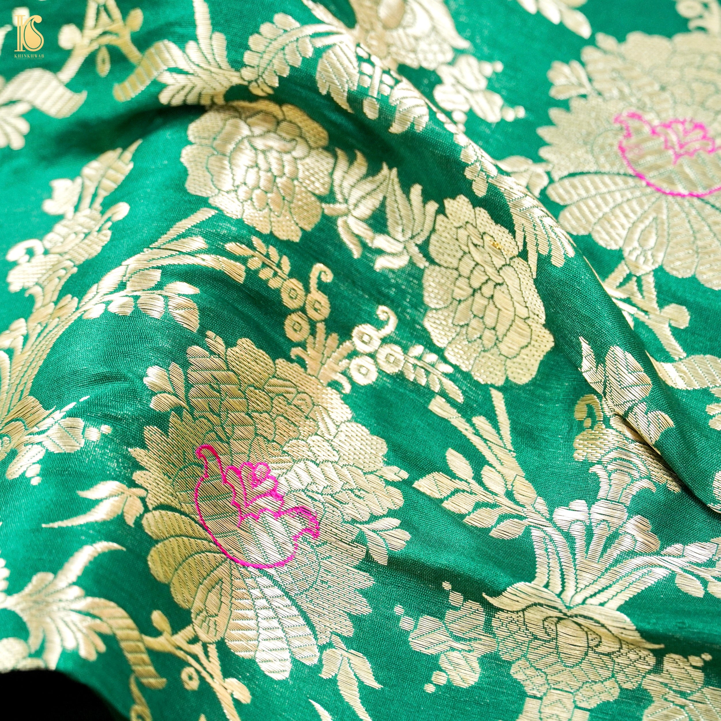 Green Pure Brocade Banarasi Mehraab Boota Fabric Khinkhwab