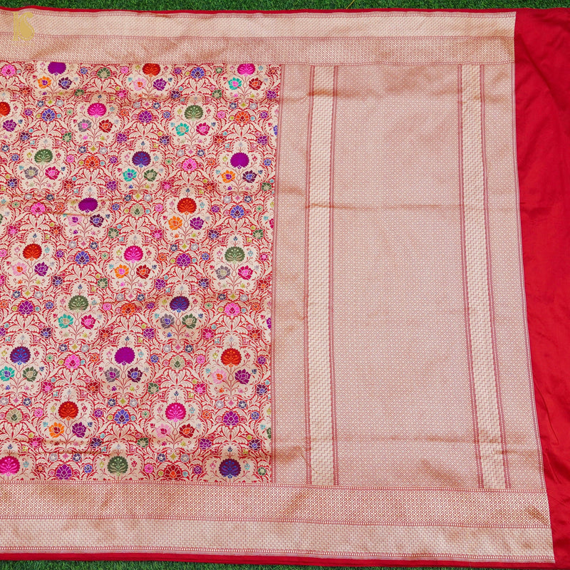 Crimson Red Pure Katan Silk Handwoven Banarasi Kinkhab Kadwa Jaal Saree - Khinkhwab