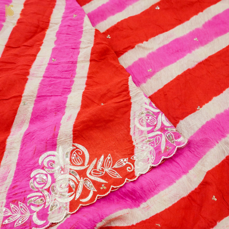 Red & Pink Leheriya Pure Tussar Moonga Silk Pita Work Saree - Khinkhwab