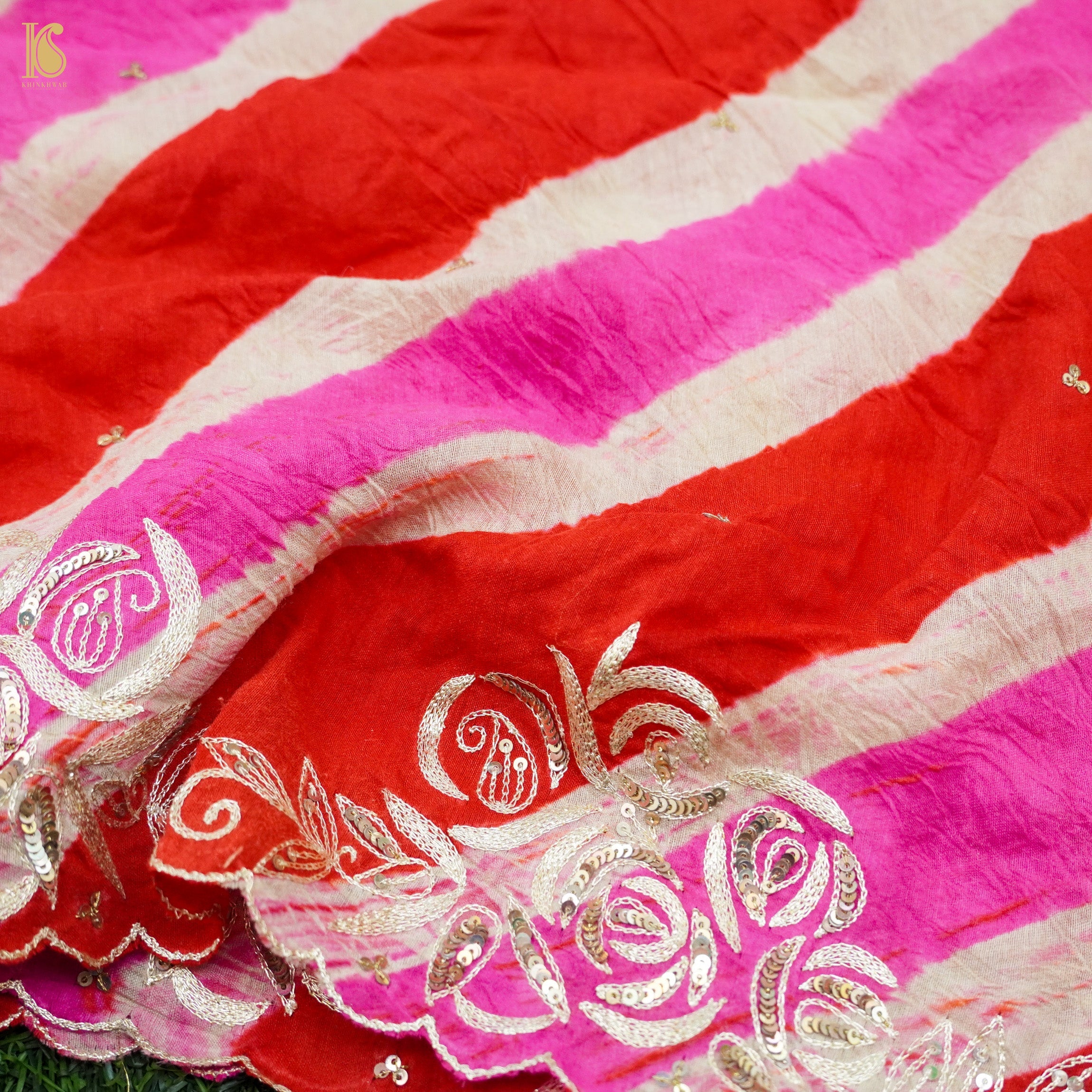 Red &amp; Pink Leheriya Pure Tussar Moonga Silk Pita Work Saree - Khinkhwab