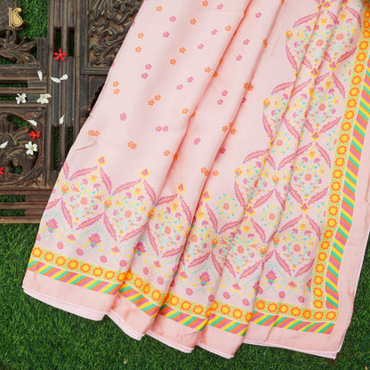NERGİS - Vanilla Ice Pink Pure Sateen Silk Print Saree - Khinkhwab