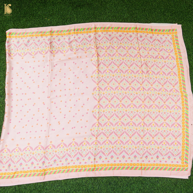 NERGİS - Vanilla Ice Pink Pure Sateen Silk Print Saree - Khinkhwab