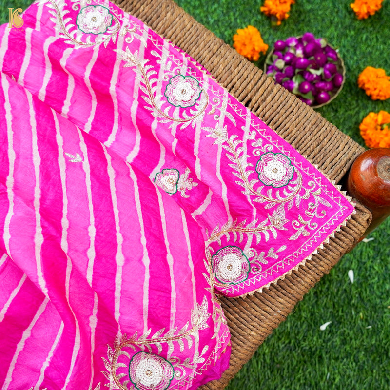 Pink Leheriya Pure Tussar Silk Aari & Pearl Embroidery Saree
