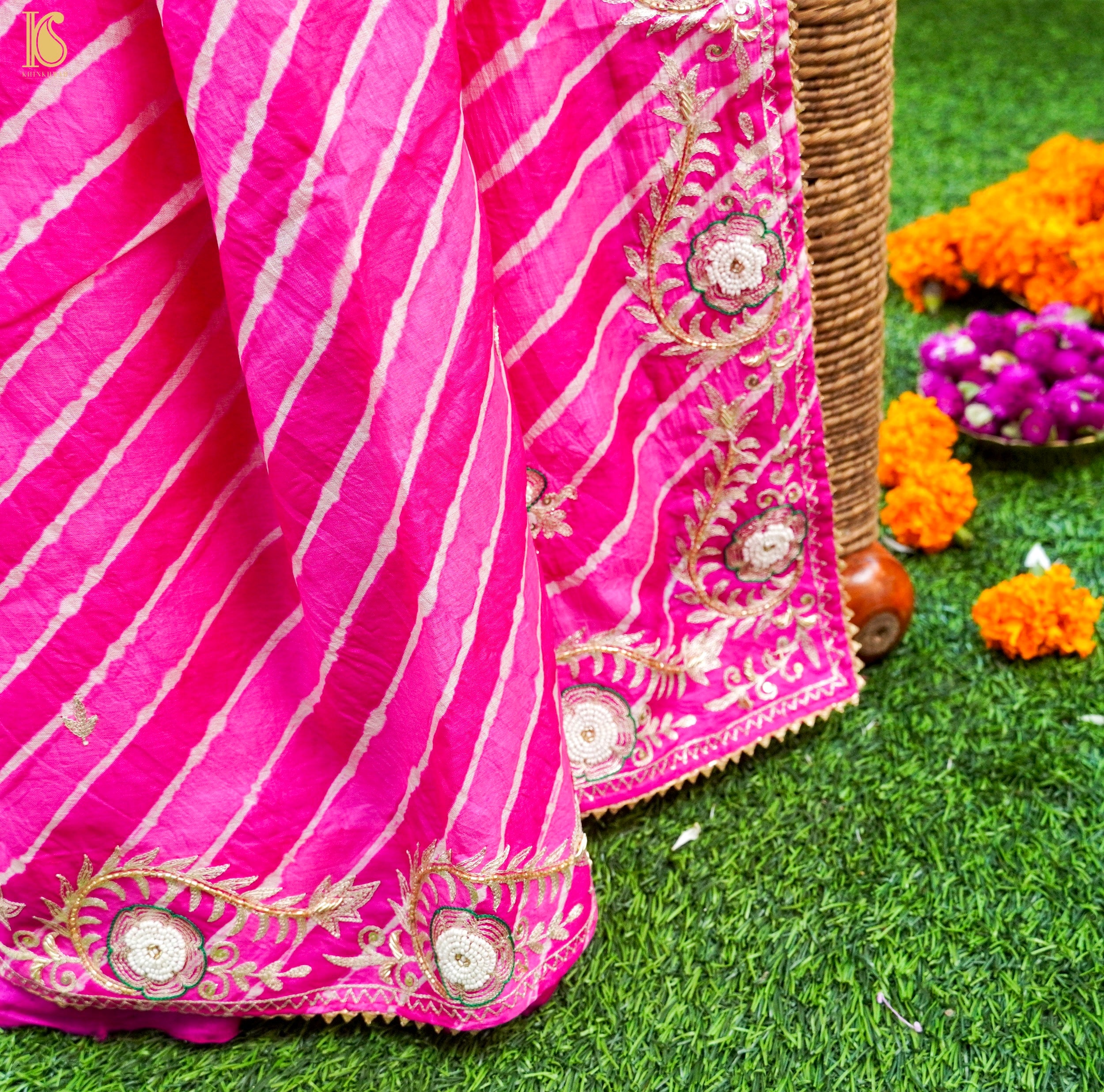 Leheriya Tussar Silk Aari Pearl Embroidery Saree – Khinkhwab