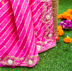 Pink Leheriya Pure Tussar Silk Aari & Pearl Embroidery Saree
