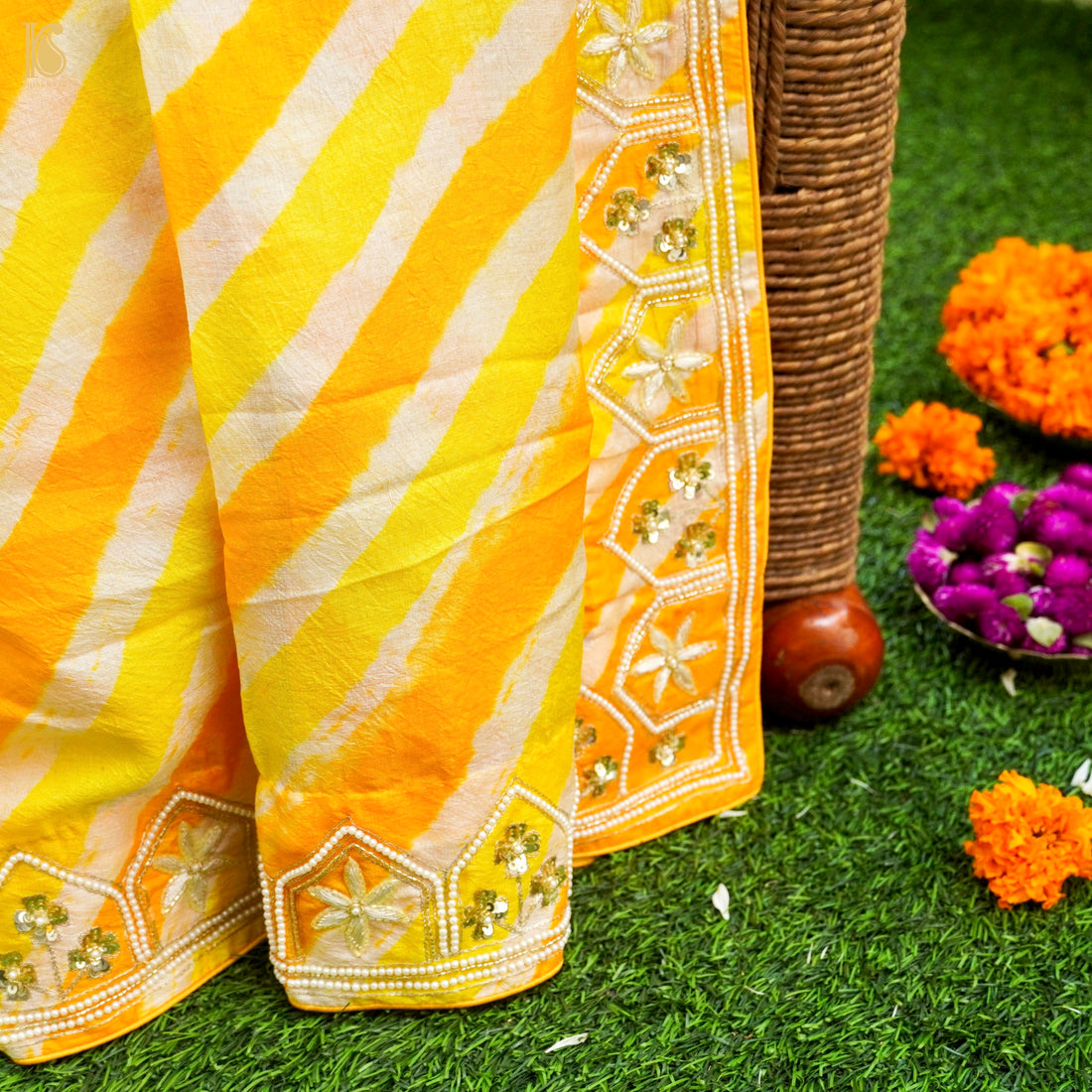 Yellow Leheriya Pure Tussar Silk Aari &amp; Pearl Embroidery Saree