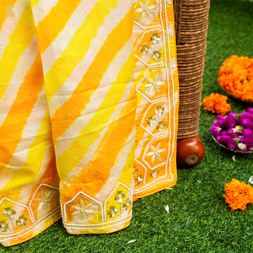 Yellow Leheriya Pure Tussar Silk Aari & Pearl Embroidery Saree