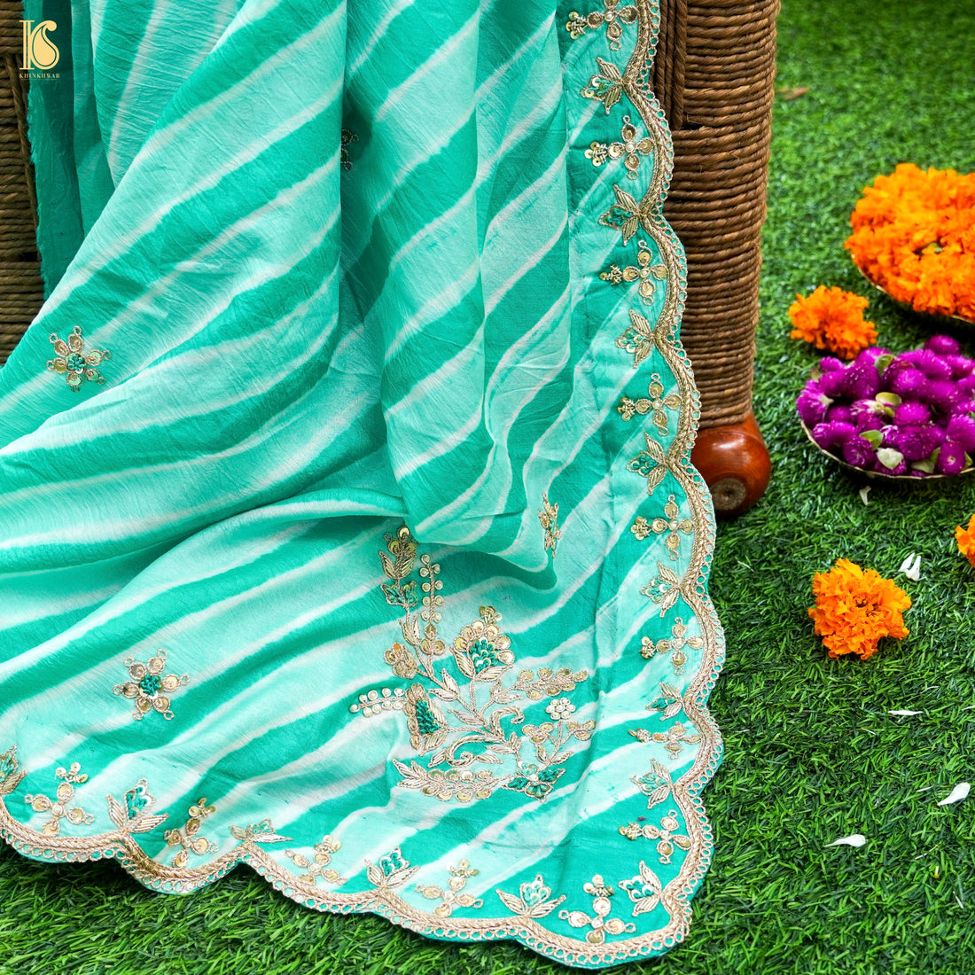 Leheriya Tussar Silk Aari &amp; Zardozi with Scalloped Border Saree