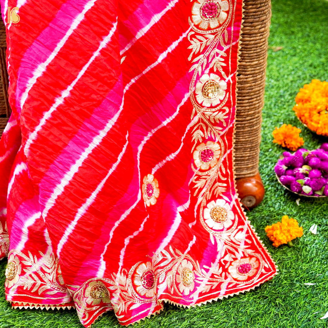 Leheriya Pure Kora  Silk Aari Embroidery Saree