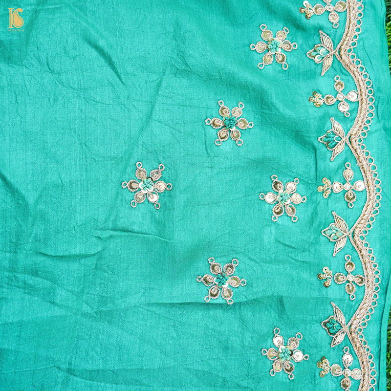 Green Leheriya Pure Tussar Silk Aari & Zardozi with Scalloped Border Saree