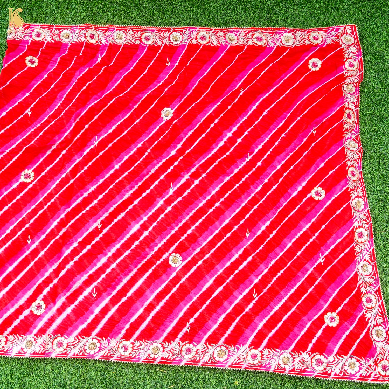 Red &amp; Pink Leheriya Pure Kora  Silk Aari Embroidery Saree