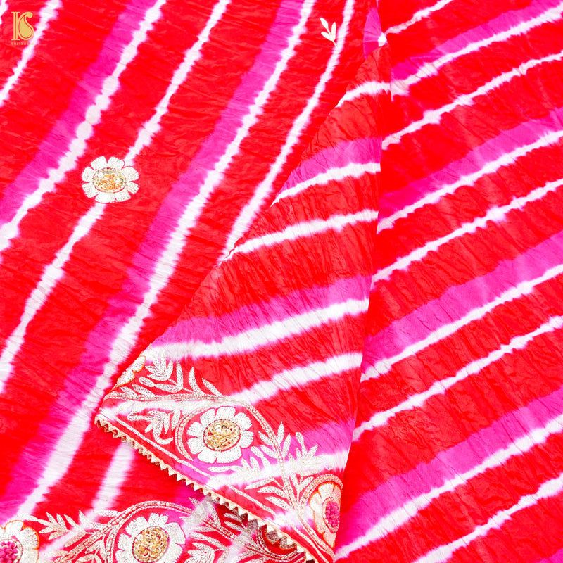 Red & Pink Leheriya Pure Kora  Silk Aari Embroidery Saree