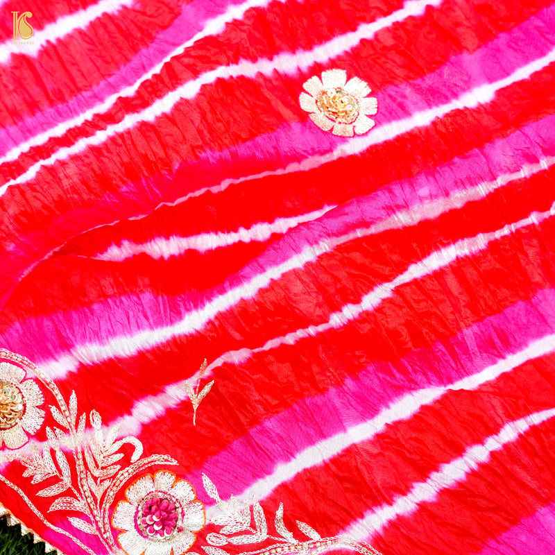Red & Pink Leheriya Pure Kora  Silk Aari Embroidery Saree
