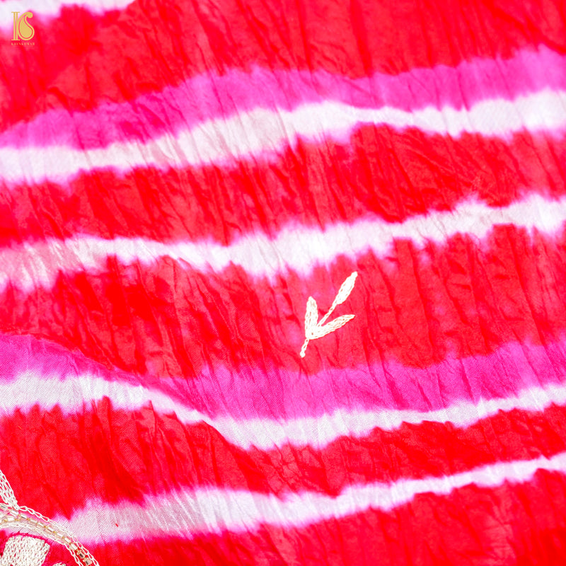 Red & Pink Leheriya Pure Kora  Silk Aari Embroidery Saree