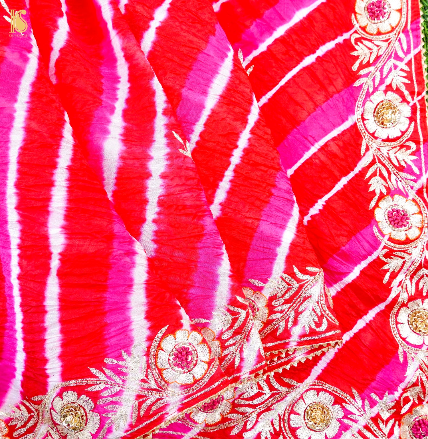 Red &amp; Pink Leheriya Pure Kora  Silk Aari Embroidery Saree