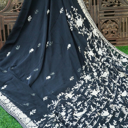 Black Handcrafted Parsi Gara Pure Georgette Saree - Khinkhwab