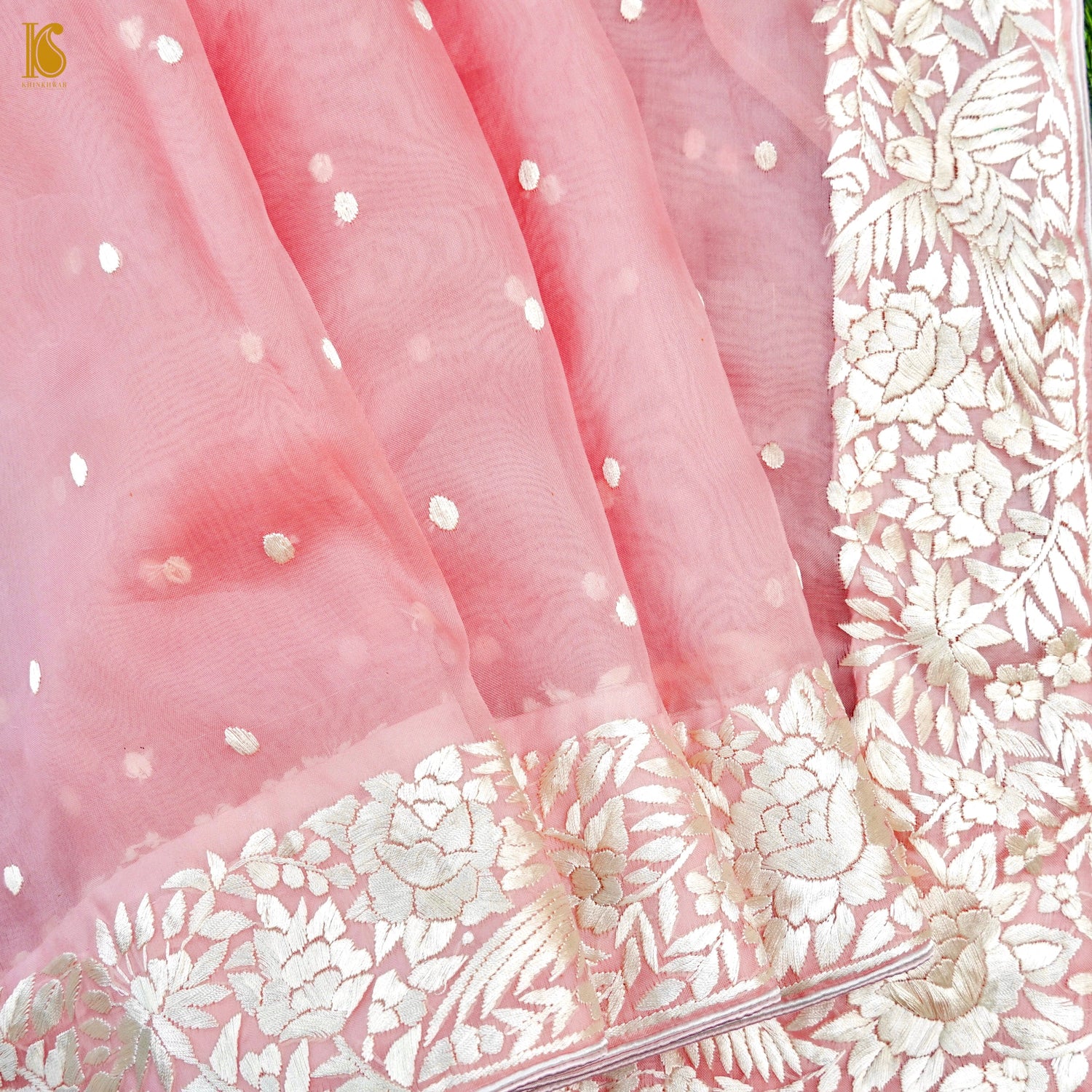 Pink Handcrafted Parsi Gara Pure Organza Saree