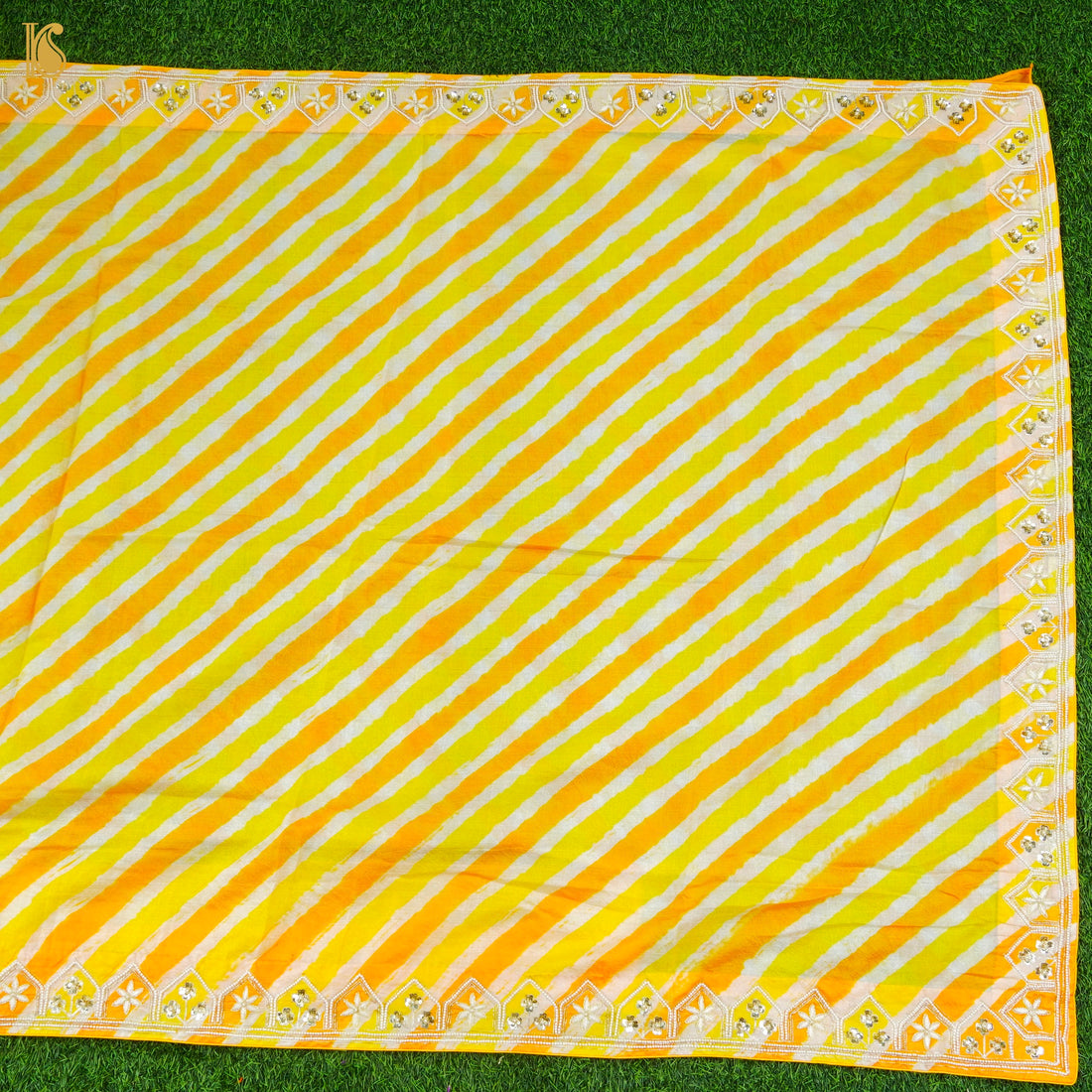Yellow Leheriya Pure Tussar Silk Aari & Pearl Embroidery Saree