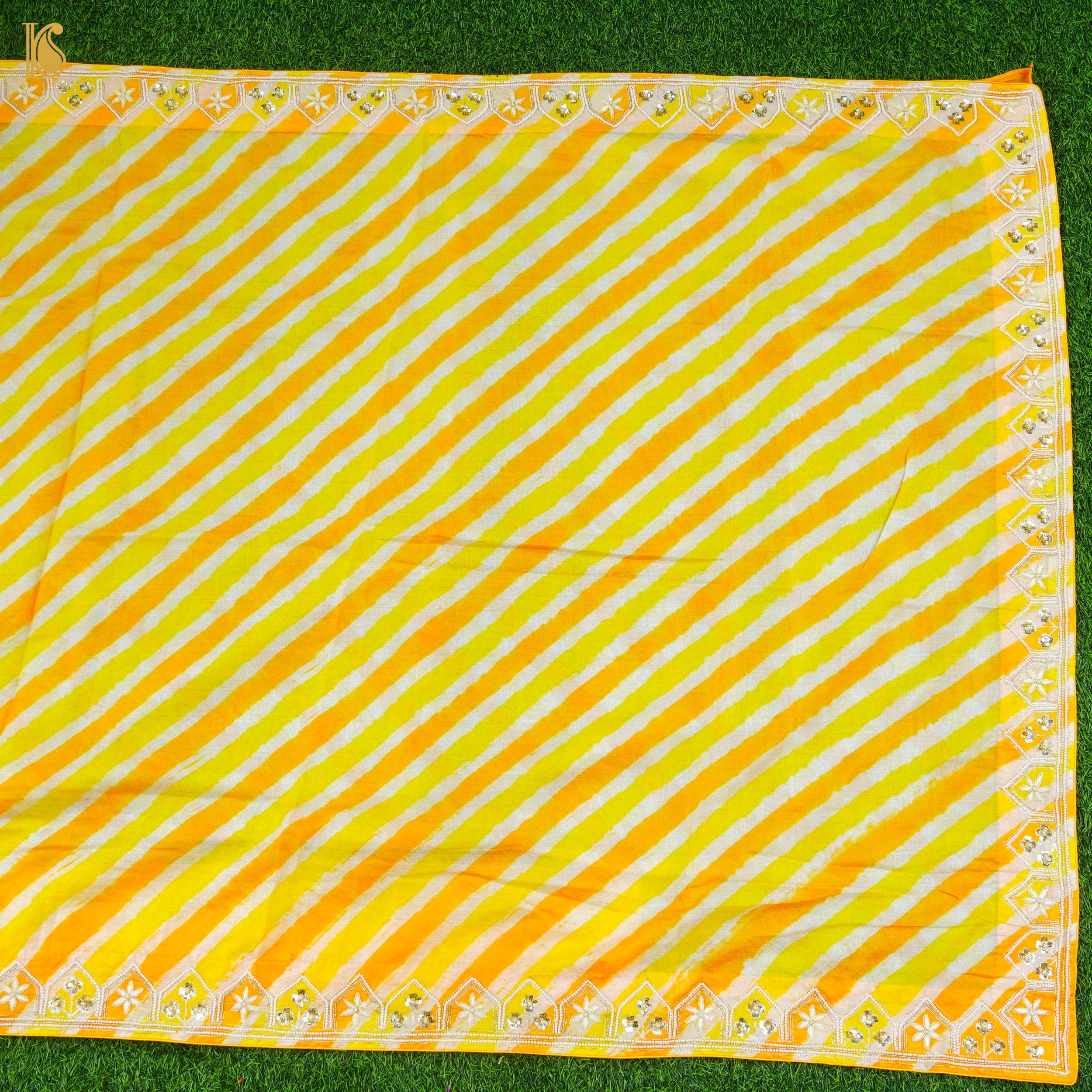 Yellow Leheriya Pure Tussar Silk Aari &amp; Pearl Embroidery Saree