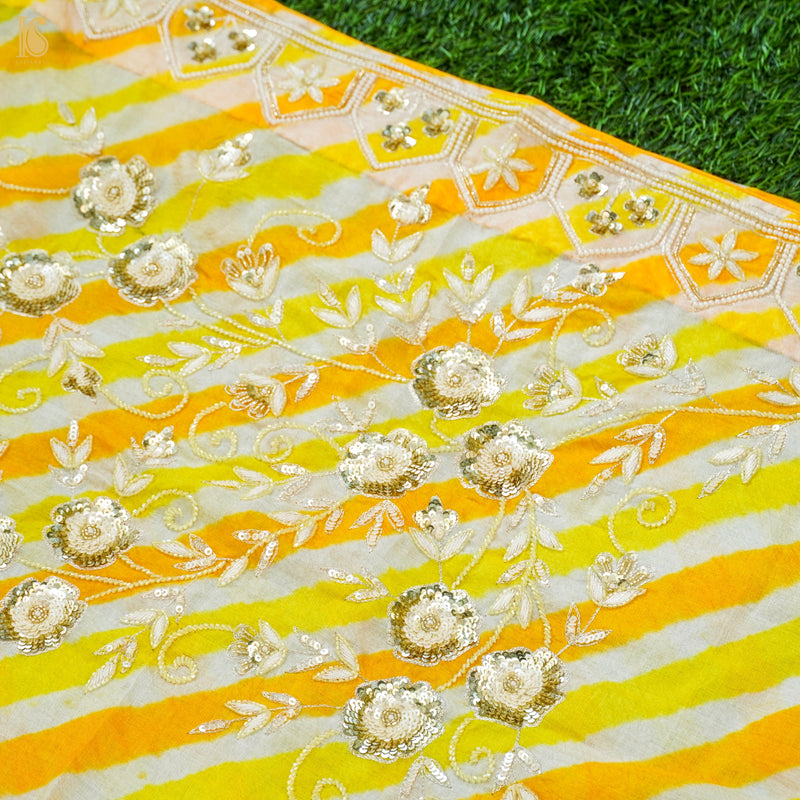 Yellow Leheriya Pure Tussar Silk Aari & Pearl Embroidery Saree