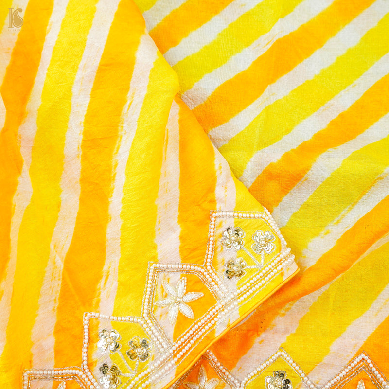 Yellow Leheriya Pure Tussar Silk Aari & Pearl Embroidery Saree
