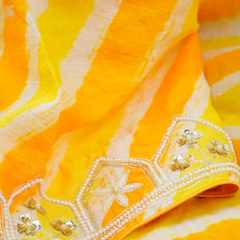 Yellow Leheriya Pure Tussar Silk Aari & Pearl Embroidery Saree