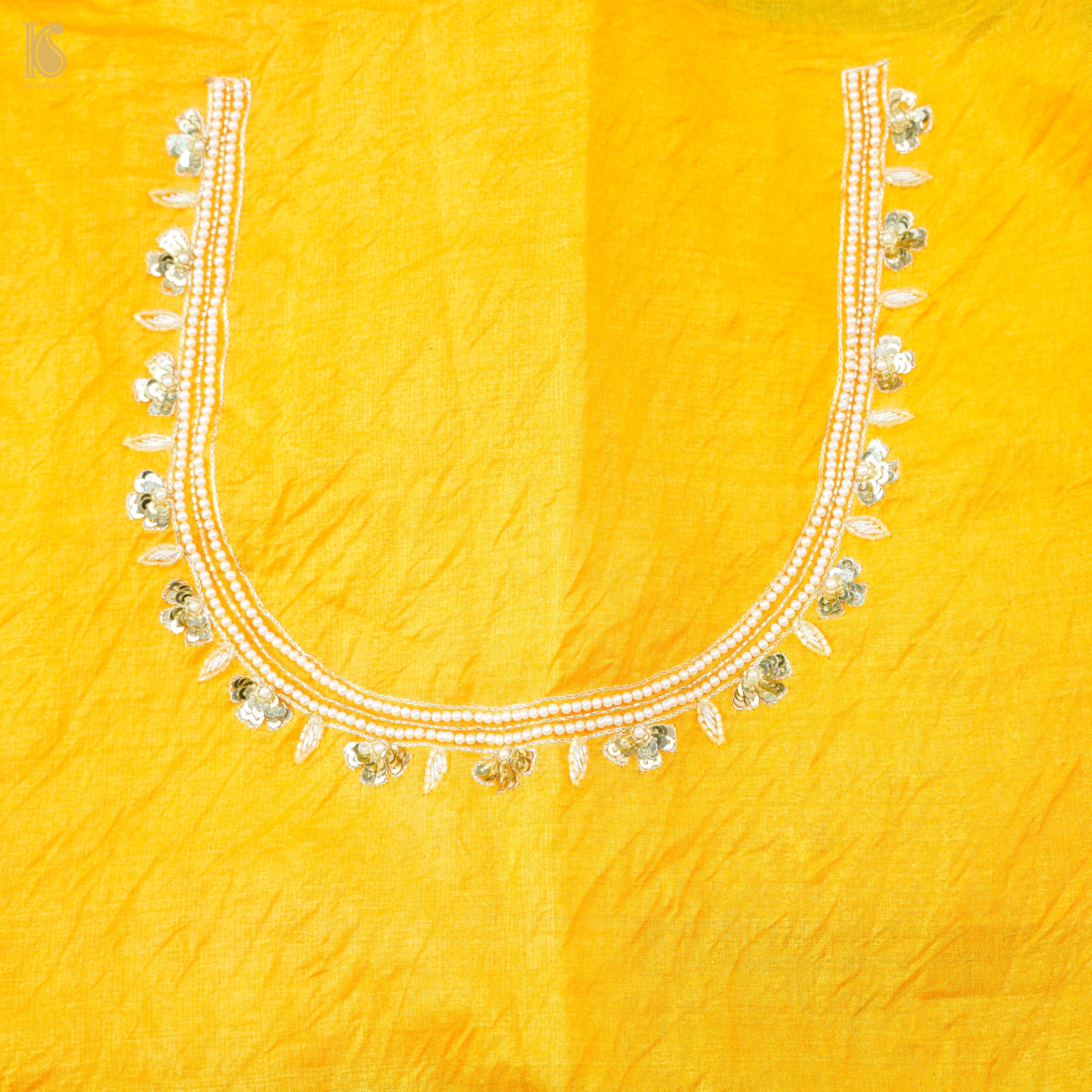 Yellow Leheriya Pure Tussar Silk Aari &amp; Pearl Embroidery Saree