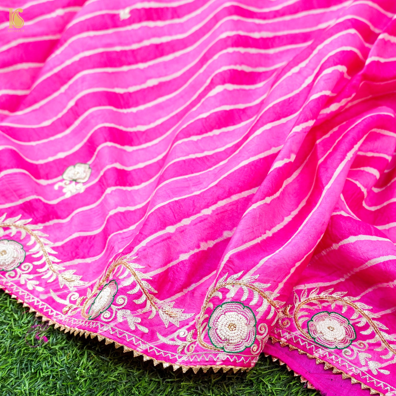 Leheriya Tussar Silk Aari &amp; Pearl Embroidery Saree
