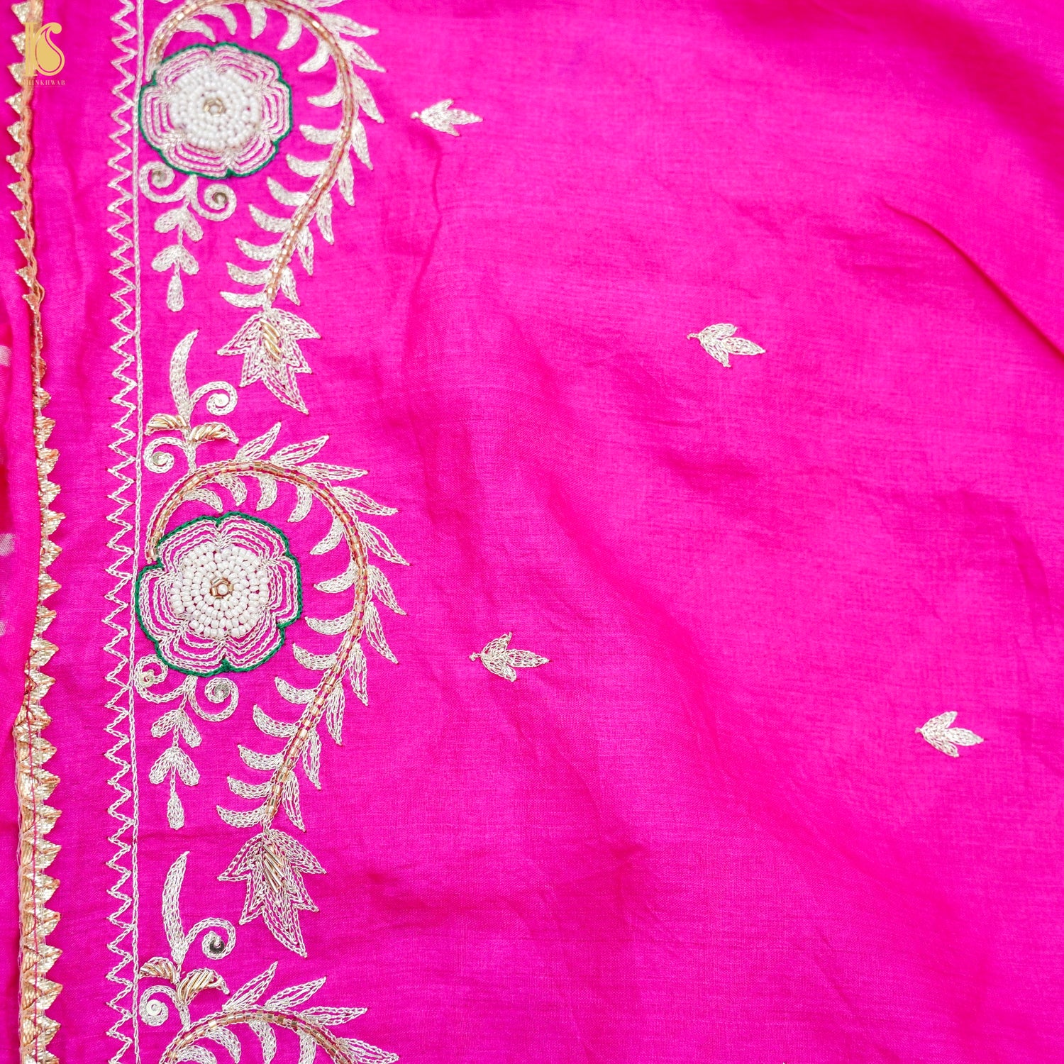 Pink Leheriya Pure Tussar Silk Aari &amp; Pearl Embroidery Saree