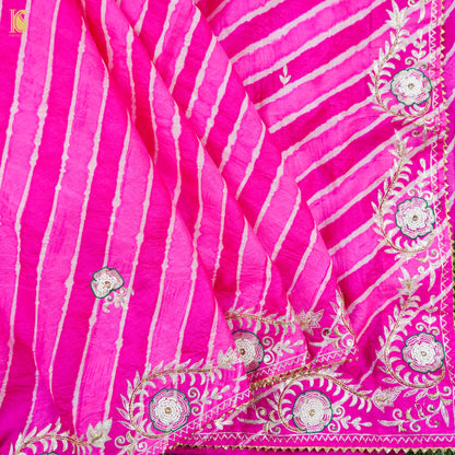 Pink Leheriya Pure Tussar Silk Aari &amp; Pearl Embroidery Saree