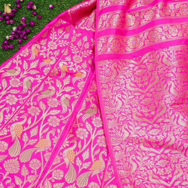 Pink Pure Katan Silk Handloom Banarasi Kalidar Peacock Lehenga