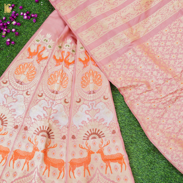 Pink Pure Katan Silk Handloom Banarasi Kalidar Shikargah Lehenga