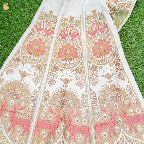 White Pure Katan Silk Handloom Banarasi Kalidar Shikargah Lehenga