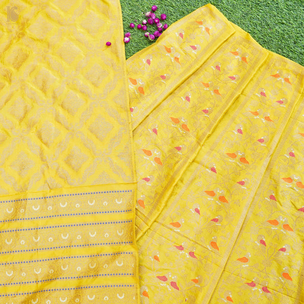 Yellow Pure Katan Silk Handloom Banarasi Kalidar Shikargah Lehenga