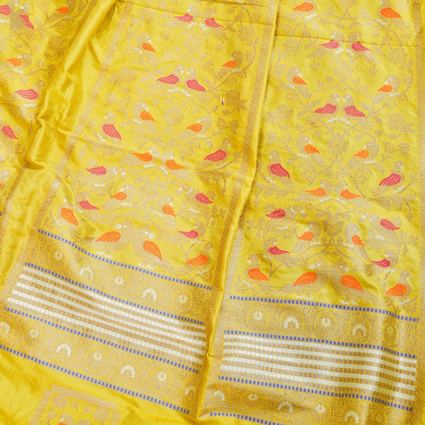 Yellow Pure Katan Silk Handloom Banarasi Kalidar Shikargah Lehenga