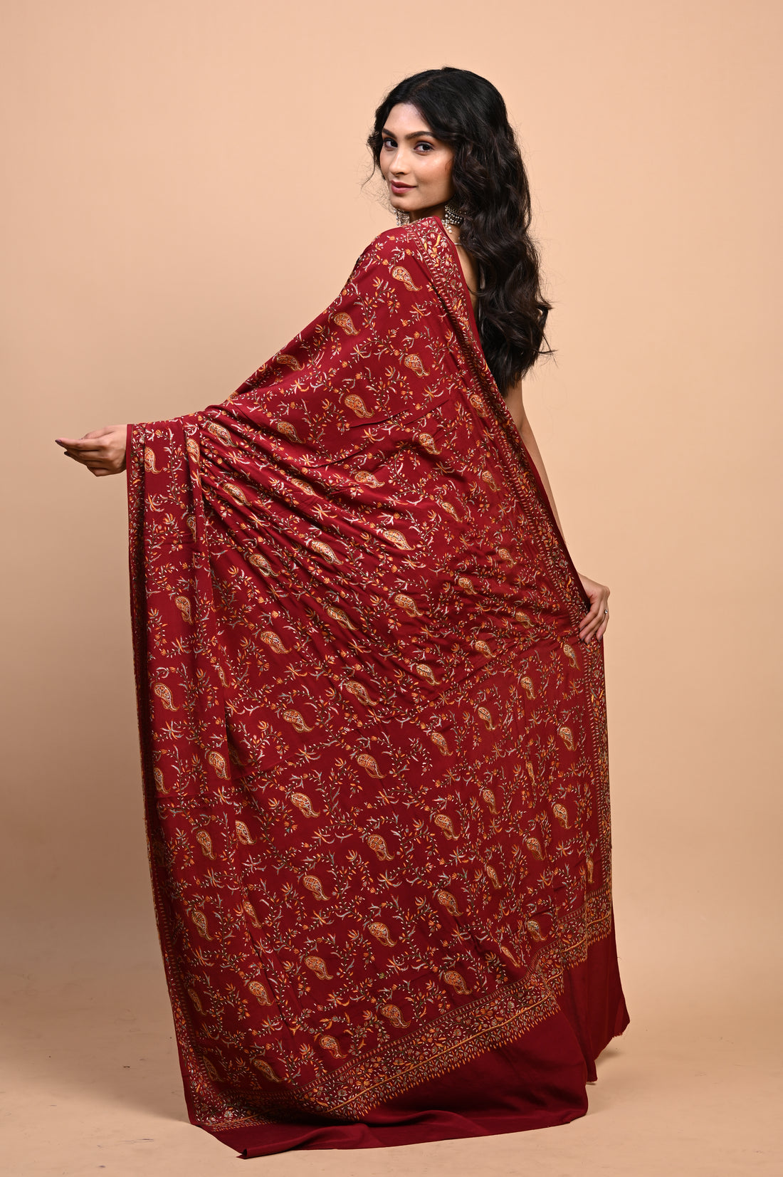 Pure Crepe Chinon Silk Sozni Work Hand Embroidered Kashmiri Saree