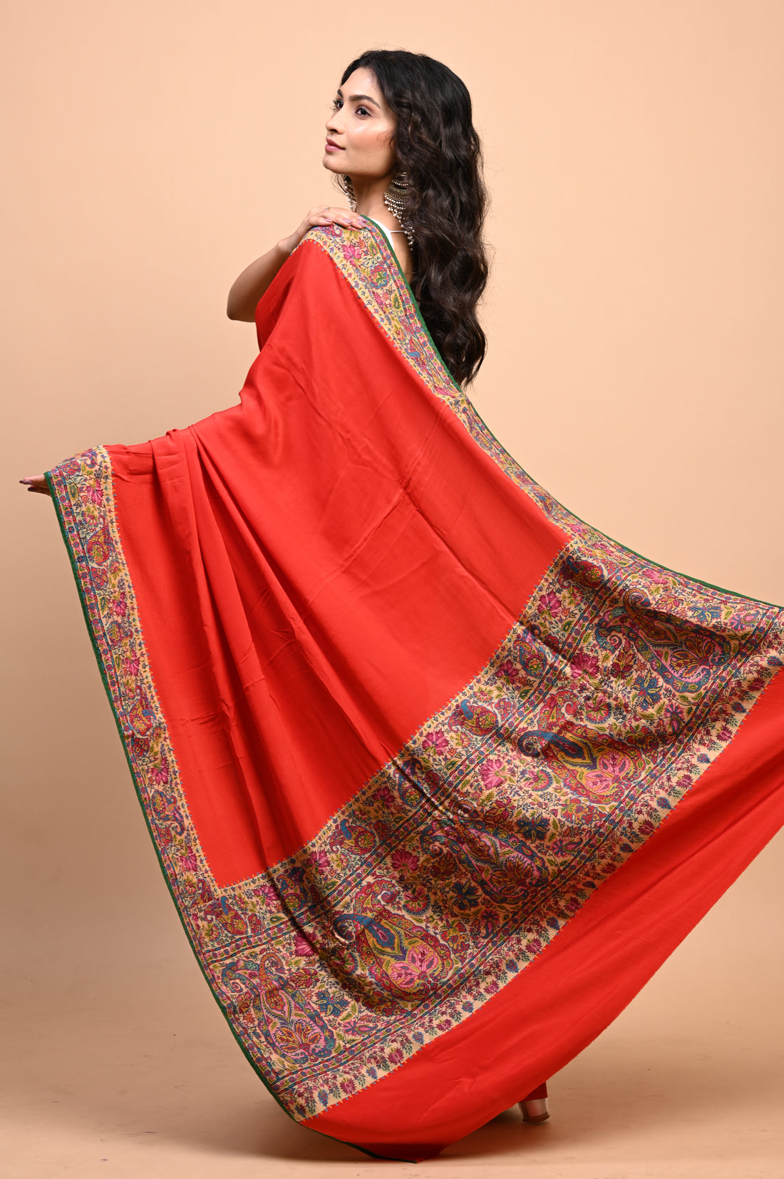 Pure Crepe Chinon Silk Kalamkari Embriodery Kashmiri Saree
