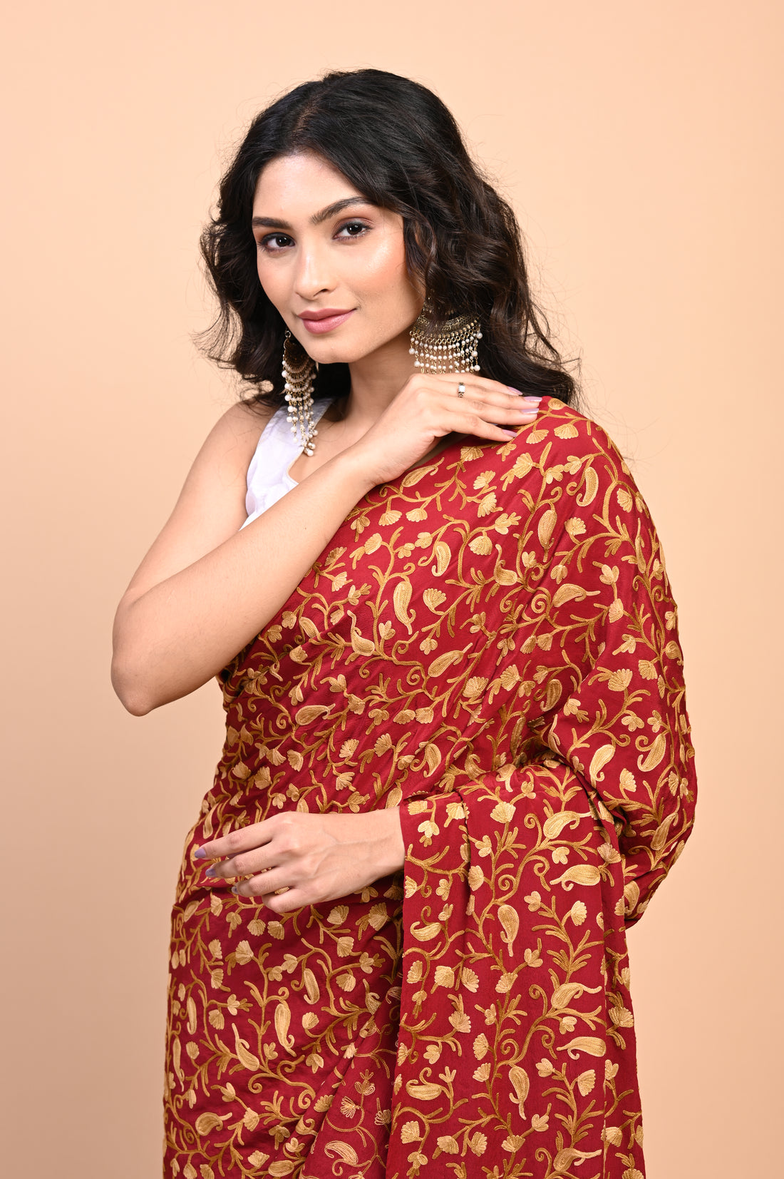 Pure Crepe Chinon Silk Aari Embriodery Kashmiri Saree