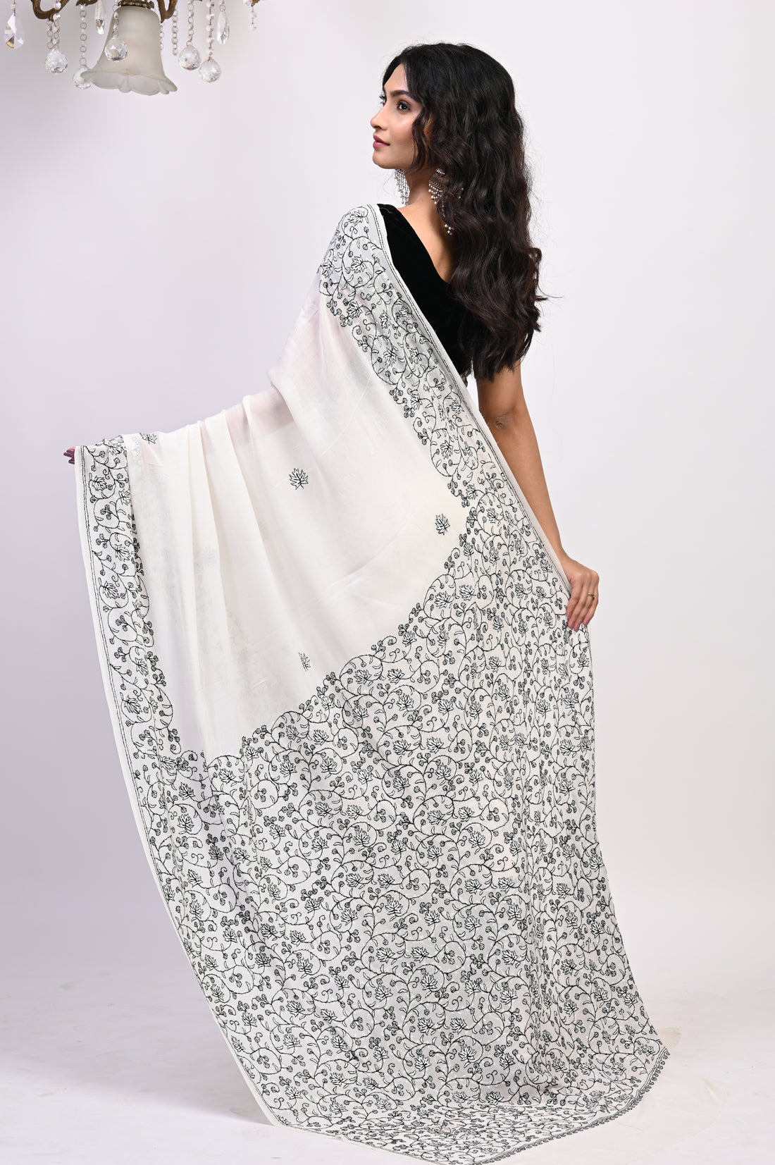 Pure Crepe Chinon Silk Sozni Work Hand Embroidered Kashmiri Saree