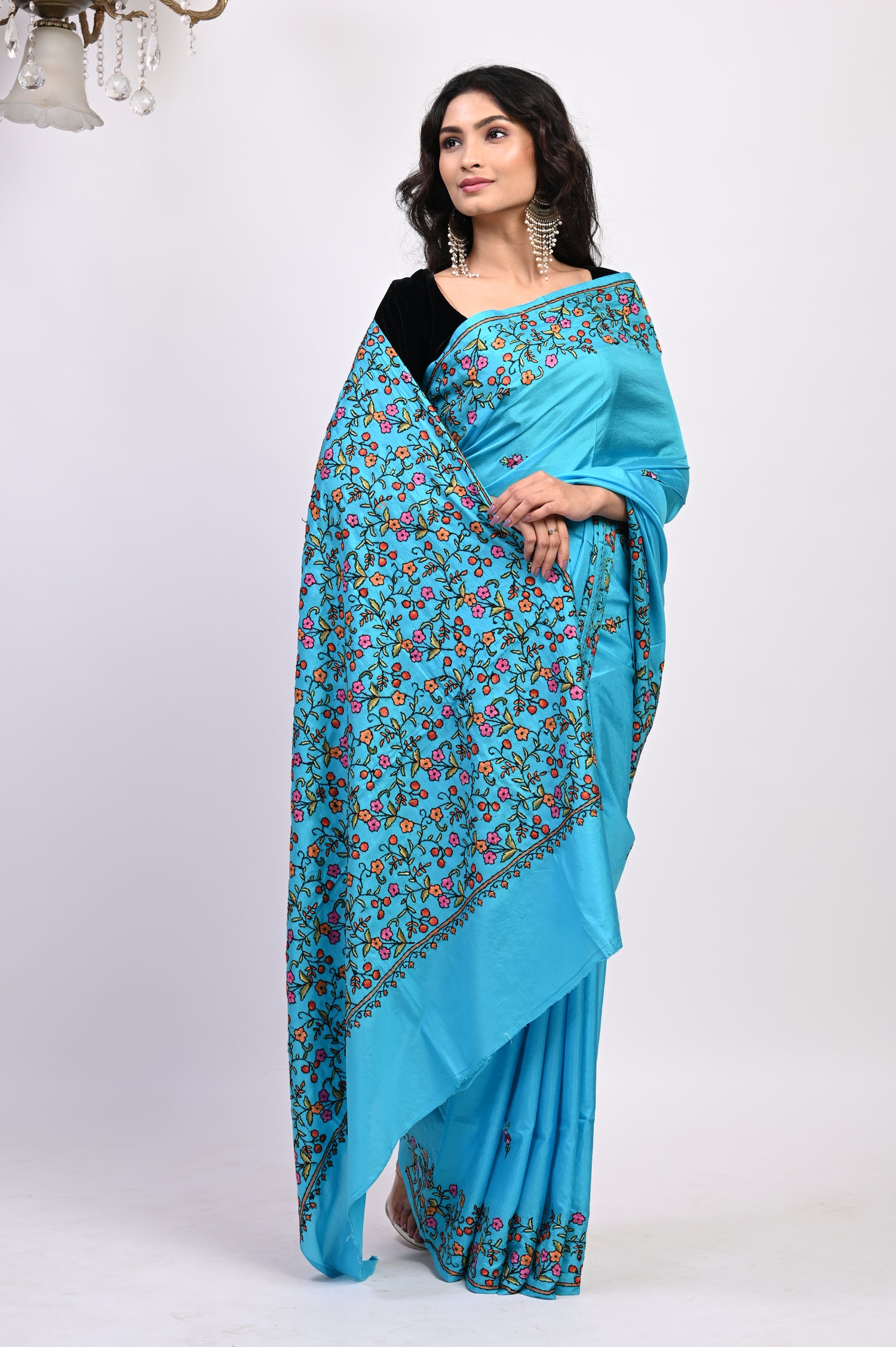 Pure Crepe Chinon Silk Sozni Work Hand Embroidered Kashmiri Saree