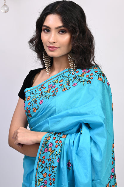 Pure Crepe Chinon Silk Sozni Work Hand Embroidered Kashmiri Saree