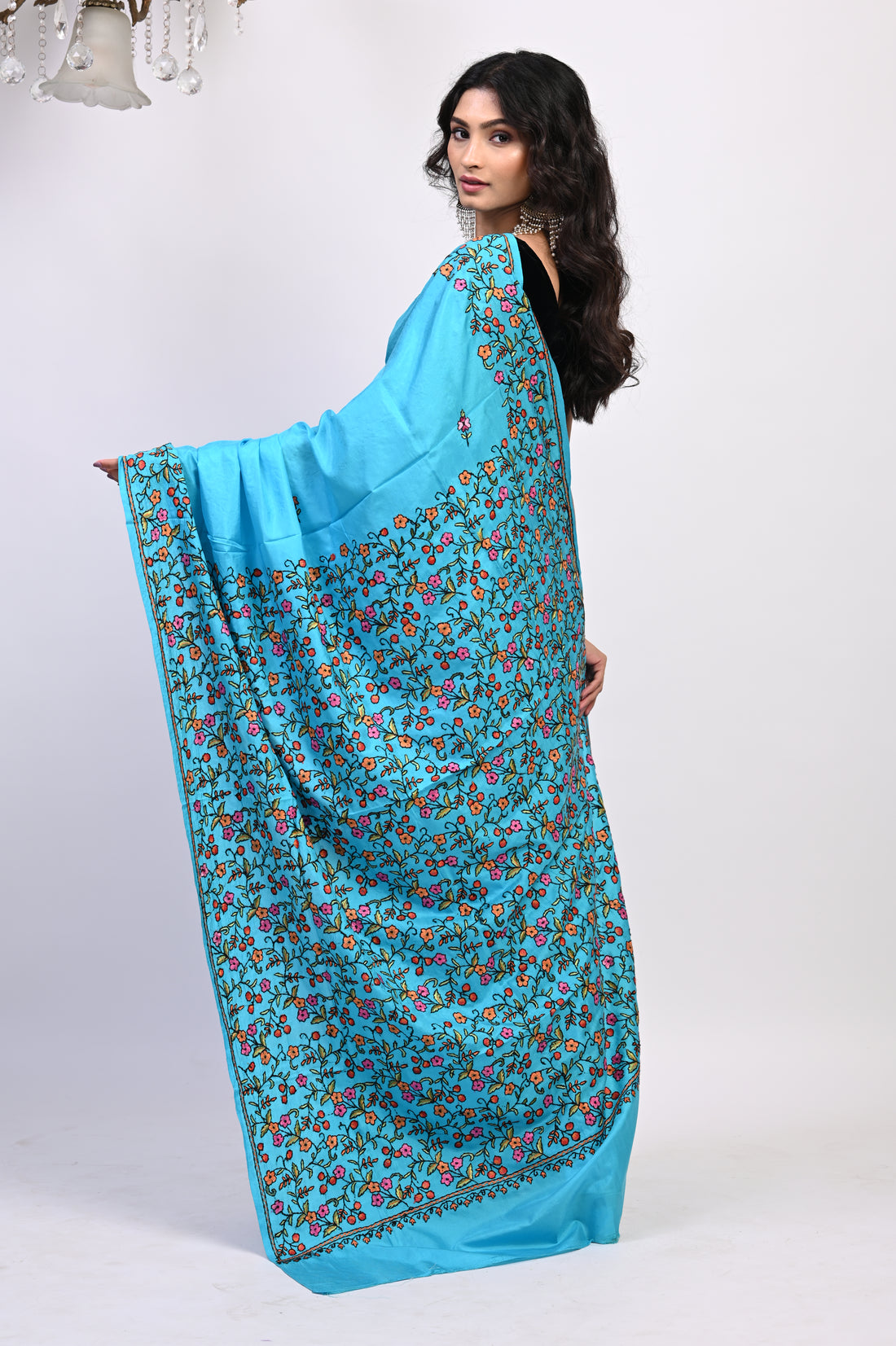 Pure Crepe Chinon Silk Sozni Work Hand Embroidered Kashmiri Saree