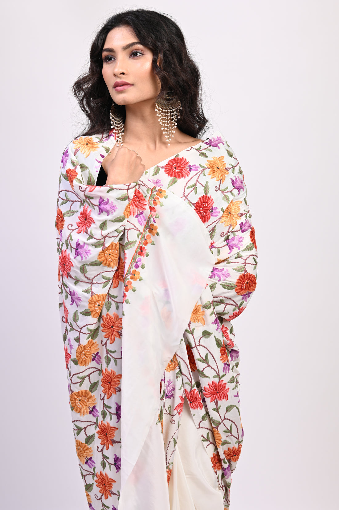 Pure Crepe Chinon Silk Aari Embriodery Kashmiri Saree