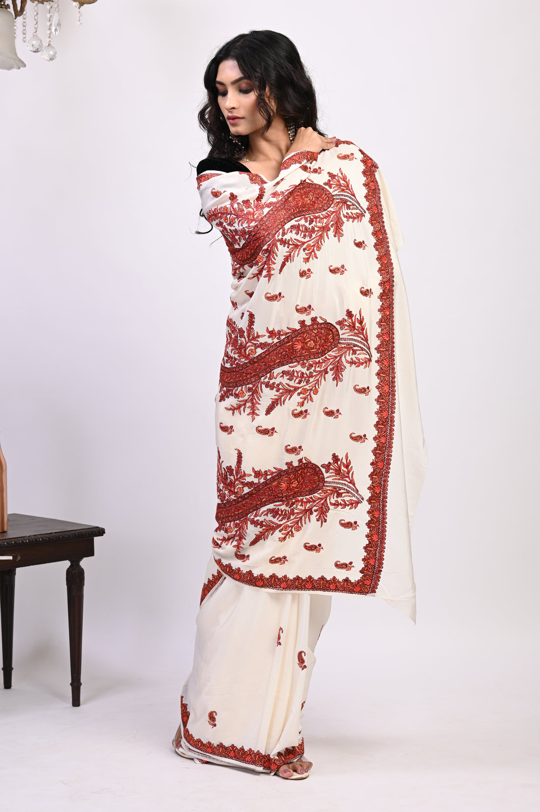 Pure Crepe Chinon Silk Sozni Work Hand Embroidered Kashmiri Saree