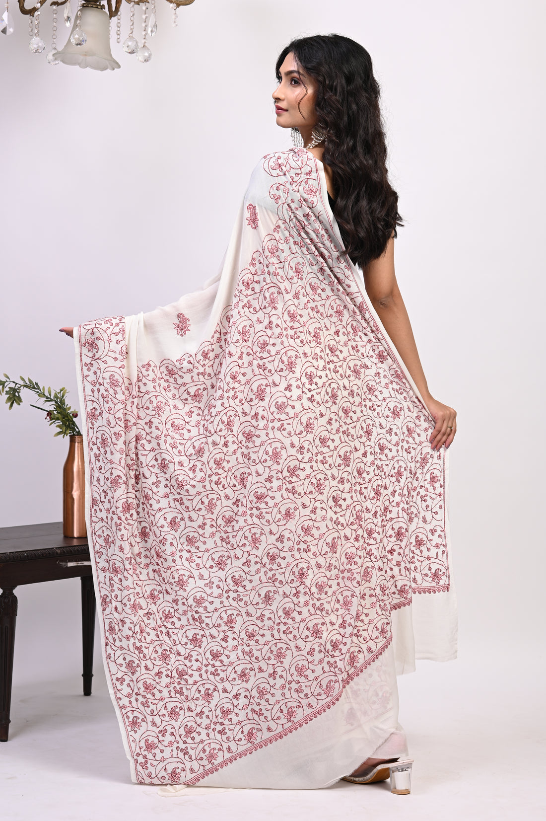 Pure Crepe Chinon Silk Sozni Work Hand Embroidered Kashmiri Saree