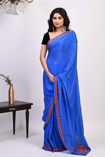 Pure Crepe Chinon Silk Sozni Work Hand Embroidered Kashmiri Saree