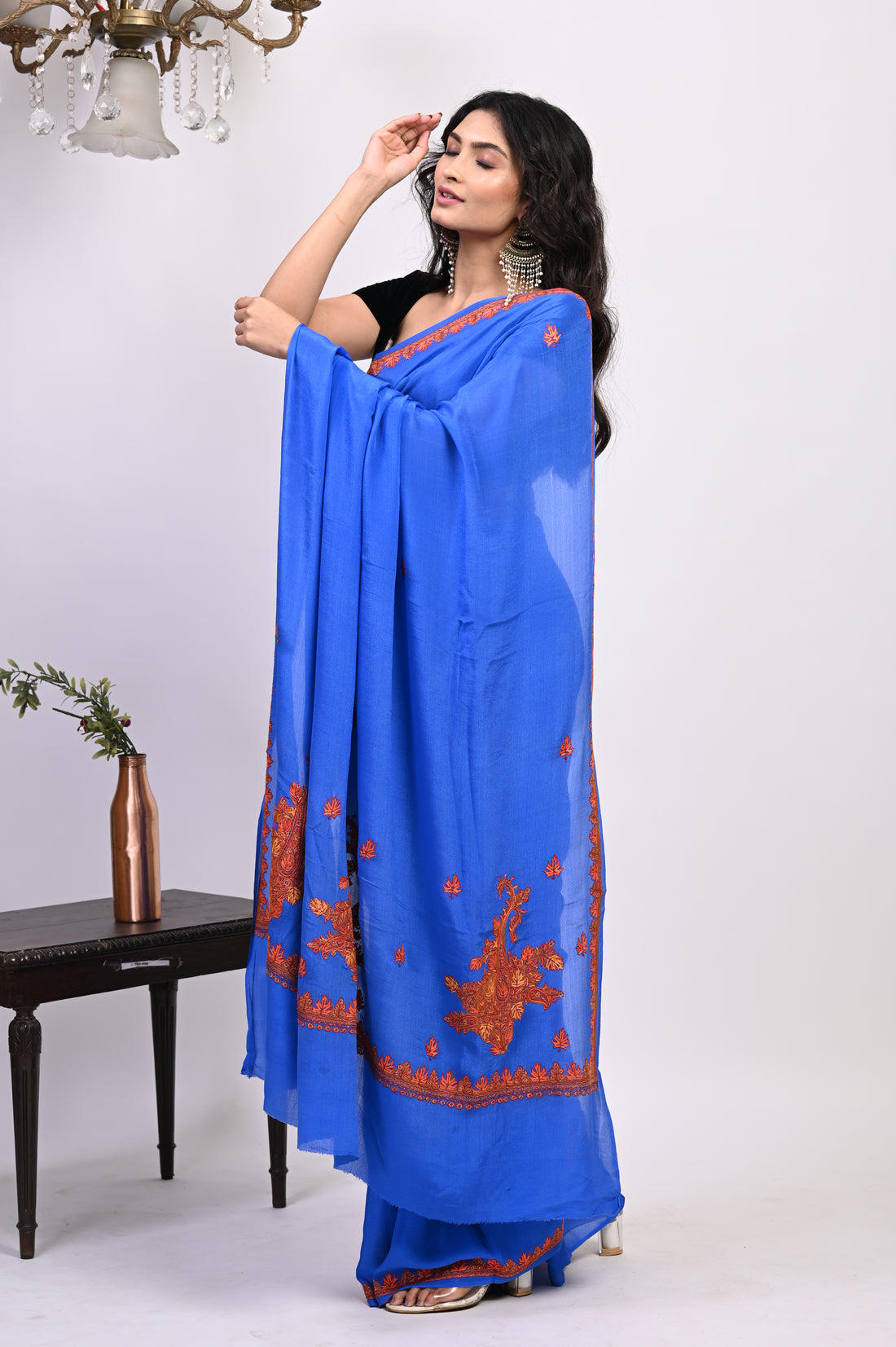 Pure Crepe Chinon Silk Sozni Work Hand Embroidered Kashmiri Saree