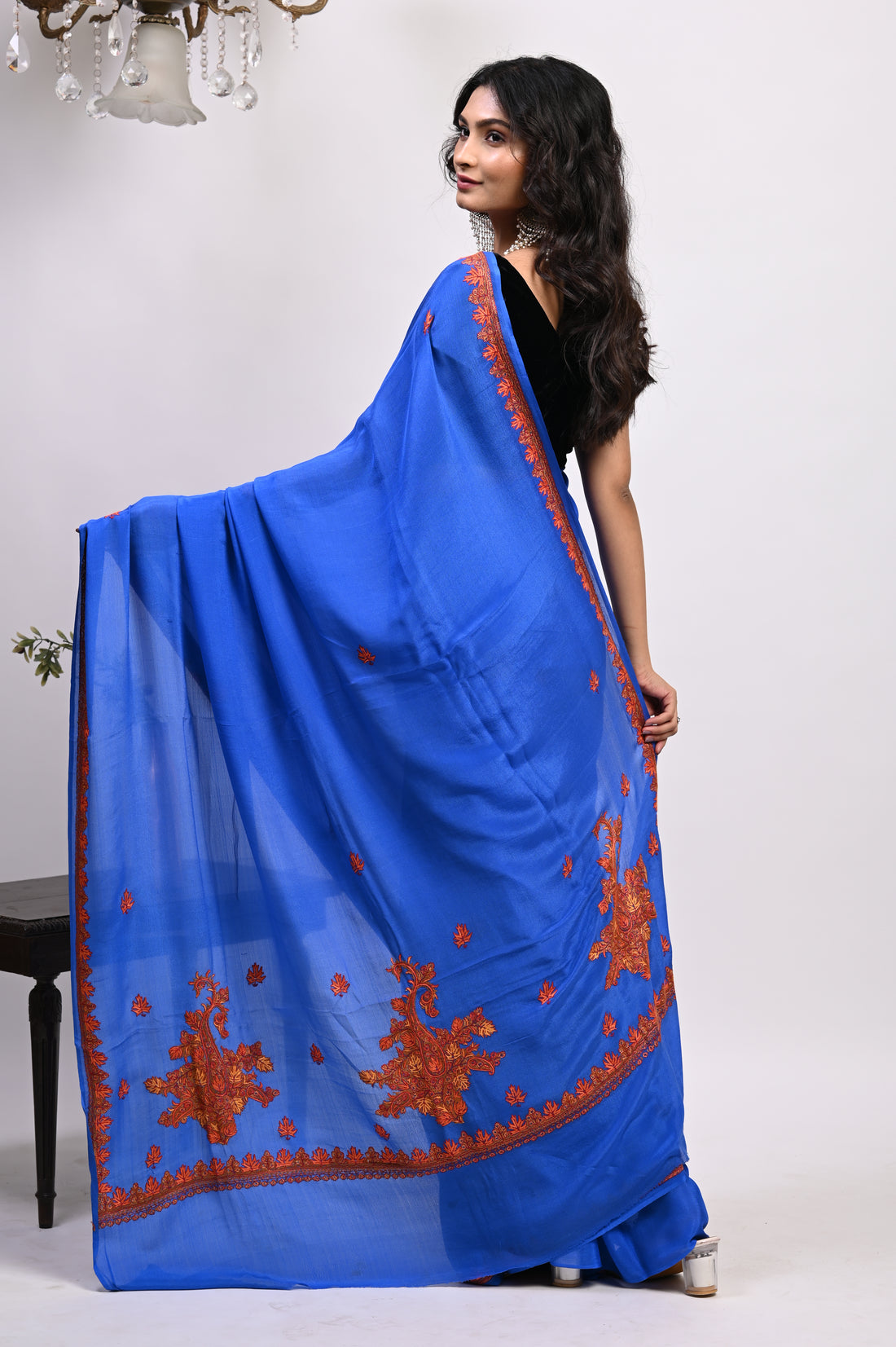 Pure Crepe Chinon Silk Sozni Work Hand Embroidered Kashmiri Saree
